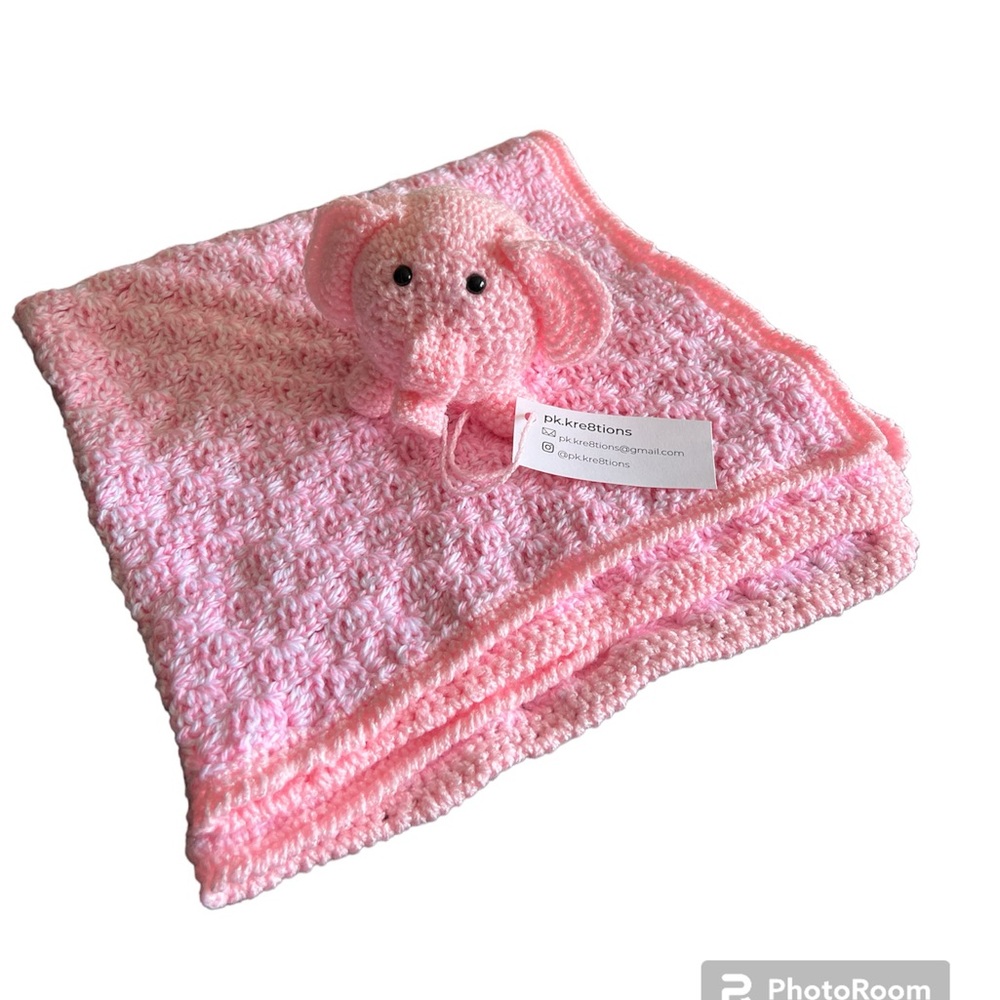 Crochet Stuffed Pink Elephant & Pink & White baby blanket